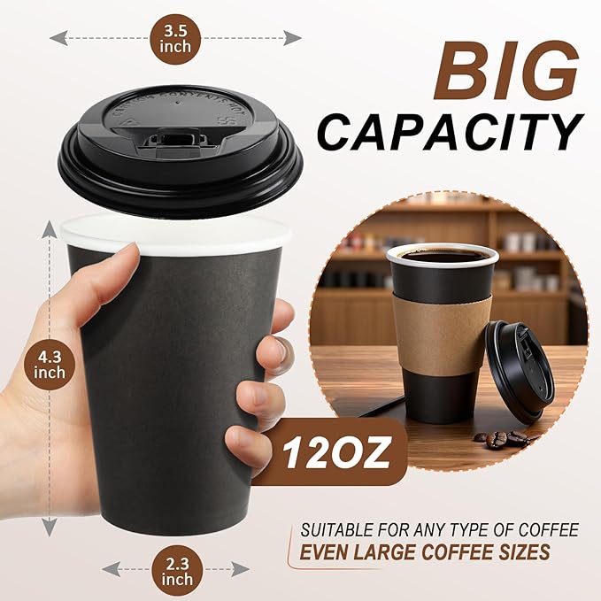 120 Pack 12 oz Paper Coffee Cups Set, Disposable Black Coffee Cups with Lids, Sleeves and Stirring Sticks, Fit For Cold and Hot Drinks