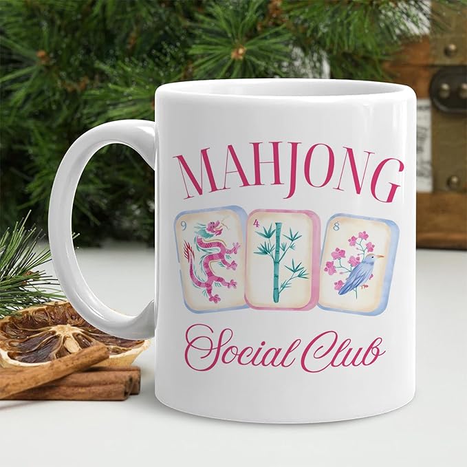 Chinese Mahjong mug Gifts for Women，mahjong Gifts for Mah Jong Players Lovers Coffee Cup, Mahj Accessories Ceramic Coffee Tea Mug 11 oz