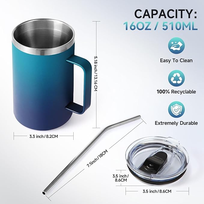 Volhoply 16oz Insulated Coffee Mug with Lid and Straw, Stainless Steel Travel Mugs with Handle, Double Wall Vacuum Leak Proof Coffee Tumbler Cup (Dark Night,2)