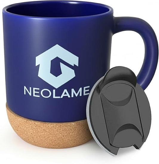 NeoLame Ceramic Coffee Mug with Cork Bottom and Spill Proof, Re-usable Coffee Mug for Home or Work, Heat Preservation and Removable Locking lid with Sliding spout, 400ML Volume (blue)