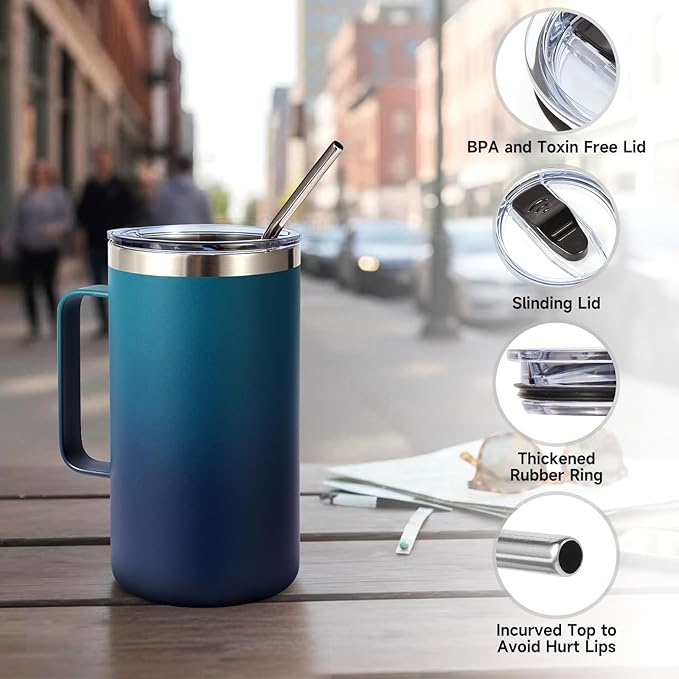 Volhoply 24oz Insulated Coffee Mug with Lid and Straw, Stainless Steel Travel Mugs with Handle, Double Wall Vacuum Leak Proof Coffee Tumbler Cup (Dark Night,1)