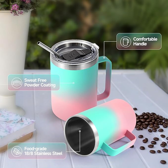 Volhoply 16oz Insulated Coffee Mug with Lid and Straw, Stainless Steel Travel Mugs with Handle, Double Wall Vacuum Leak Proof Coffee Tumbler Cup (Green Pink,1)
