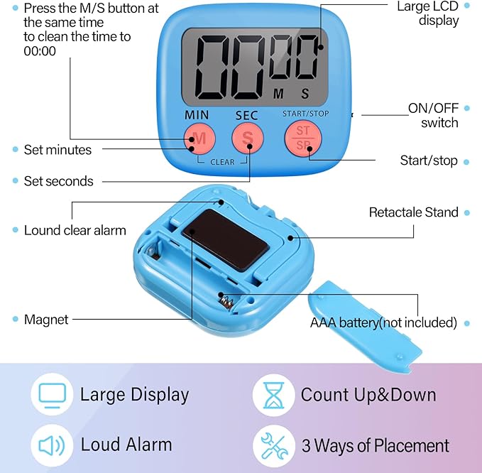 Weewooday 24 Packs Small Digital Kitchen Timer Magnetic Back and Switch Minute Second Count up Countdown Big LCD Display Loud Alarm for Teacher Cooking Baking(Blue, Green)