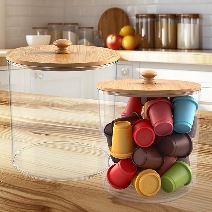 yaenoei 2 Pack Coffee Pod Holder with Bamboo Lid, Clear Coffee Pods Storage Basket Large Capacity K Cup Holder for Kitchen Countertop, Coffee Filter Holder, Cafe Bar Organizer, Office Desktop