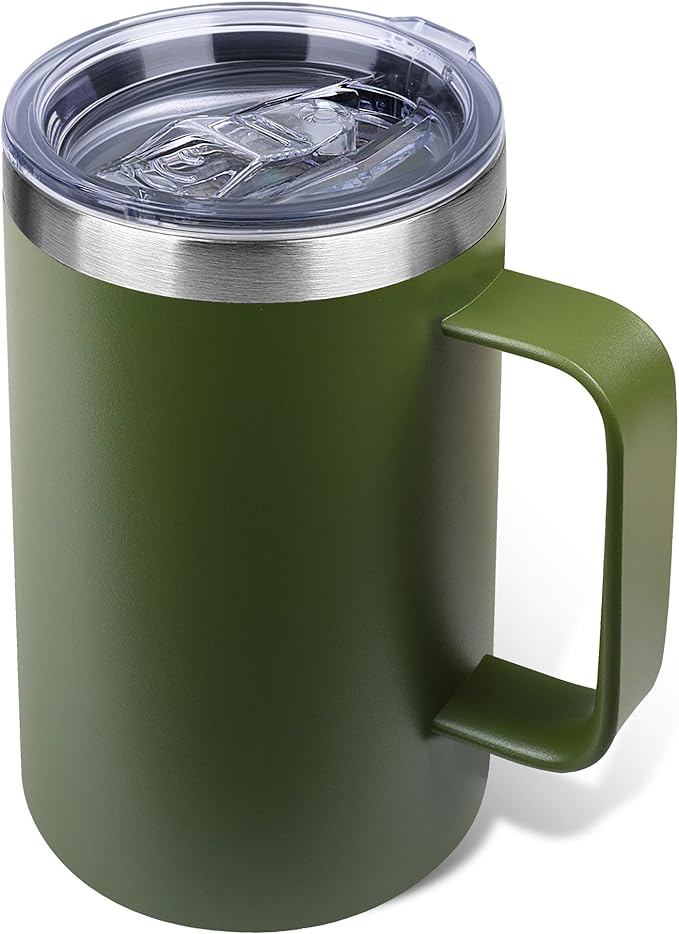 Zynkify 22oz Insulated Coffee Mug with Handle & Leak-Proof Lid - Double Wall Stainless Steel Travel Tumbler for Commute/Office/Home, Army Green, 1 Pack