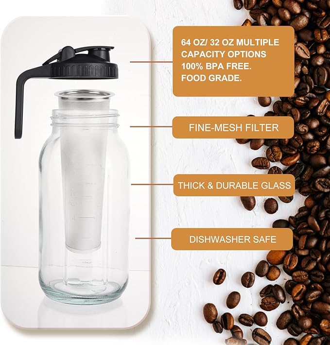 Scidea Cold Brew Coffee Maker, 2 Packs 64oz Mason Jar Pitcher with Durabel Glass & Stainless Steel Mesh Filter, Leak-Proof Glass Pither with Pour Spout Lid