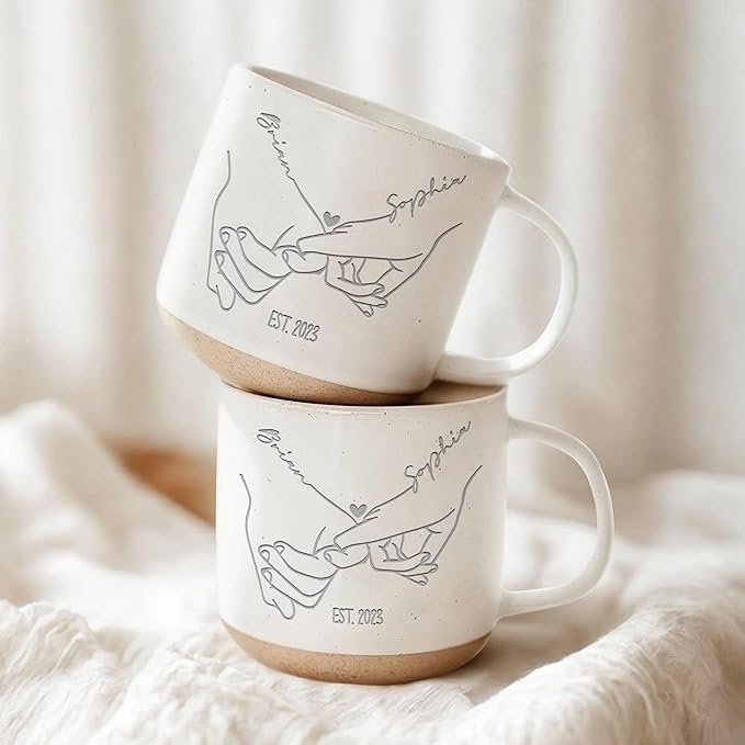 Personalized Holding Hands Couple Pottery Mug 12oz, Minimalist Line Art Engagement, Wedding & Anniversary, Custom Names and Date Handmade Ceramic Coffee Mug