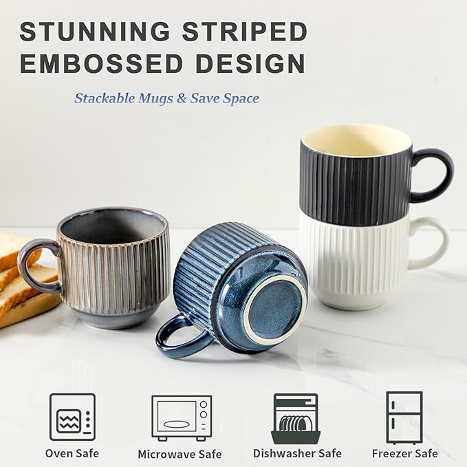 HASENSE Coffee Cups Set of 4 with Stand, 15 OZ Stackable Coffee Mugs with Handle for Tea, Cocoa, Cappuccino, Latte and Americano, Porcelain Vertical Stripe Coffee Cups for Men and Women, Colorful