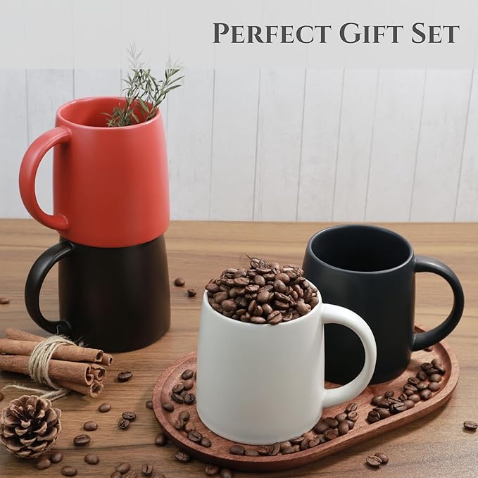 LINVIA Classic Mug, 14 oz Large Coffee Mug with Handle, Ceramic Porcelain Tea Cup, Smooth Matte (Sliding Lid, Set of 2, Red and Navy Blue)