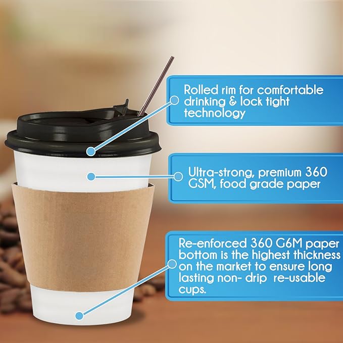 130 Disposable Paper Coffee Cups with Lids - 12 oz To Go Coffee Cups for Home, Office, Parties, Travel, Premium Paper Cups, includes Lids, Sleeves, Stirrers and Permanent Marker!