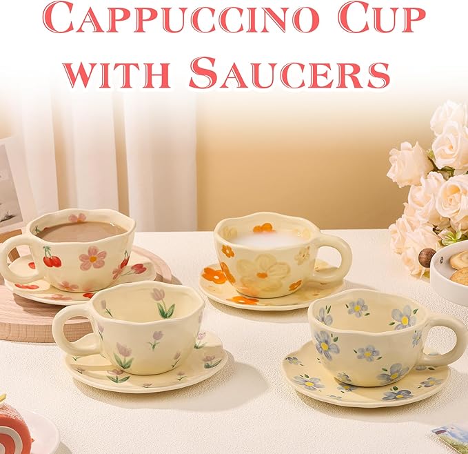 MAKCNMYM Cappuccino Cup with Saucers Set of 4 Ceramics Coffee Mugs 8 oz Latte Art Cup Vintage Aesthetic Flower Barista Cups for Americano, Tea, Espresso,Mocha, Milk - Microwave and Dishwasher Safe