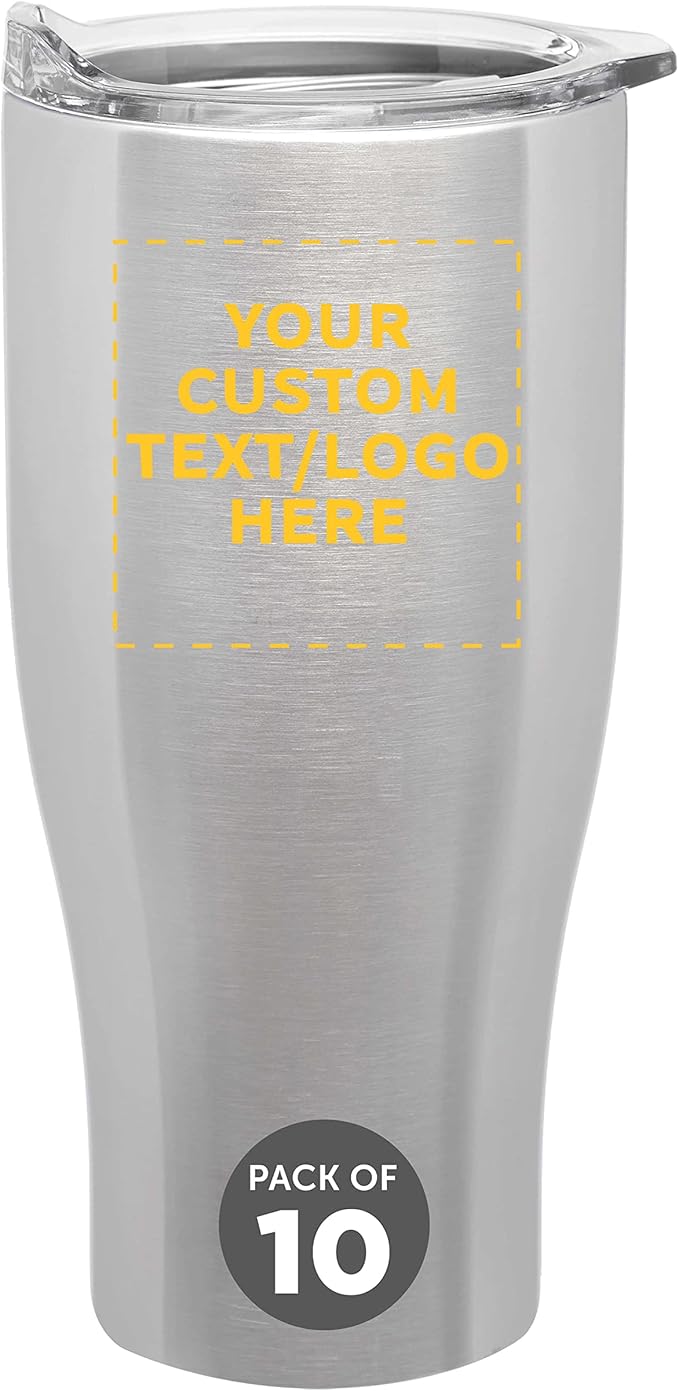 Custom Stainless Steel Grip Travel Mugs 27 oz. Set of 10, Personalized Bulk Pack - Perfect for Coffee, Soda, Other Hot & Cold Beverages - Silver