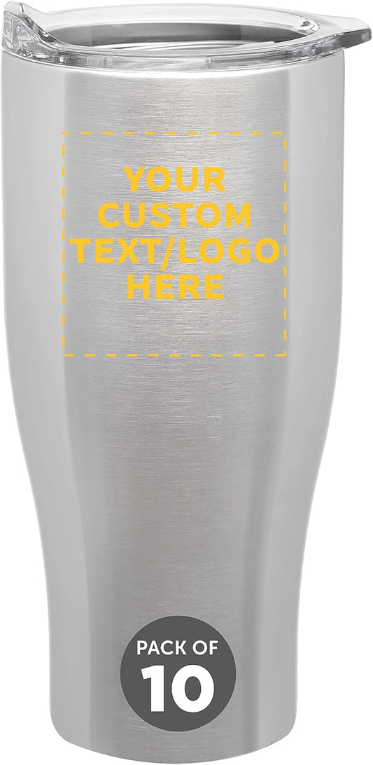 Custom Stainless Steel Grip Travel Mugs 27 oz. Set of 10, Personalized Bulk Pack - Perfect for Coffee, Soda, Other Hot & Cold Beverages - Silver