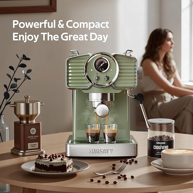 Espresso Machine 20 Bar Espresso Maker with Milk Frother Steam Wand, Professional Expresso Machine for Home Cappuccino & Latte Maker, Retro Coffee Maker with 61oz Water Tank, Matcha Green