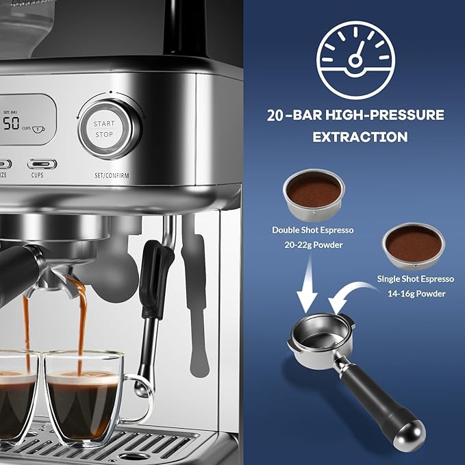 Garvee Espresso Machine Built-In Grinder, High Power Milk Frother, Digital LCD, Stainless Steel (Single/Double Brew)