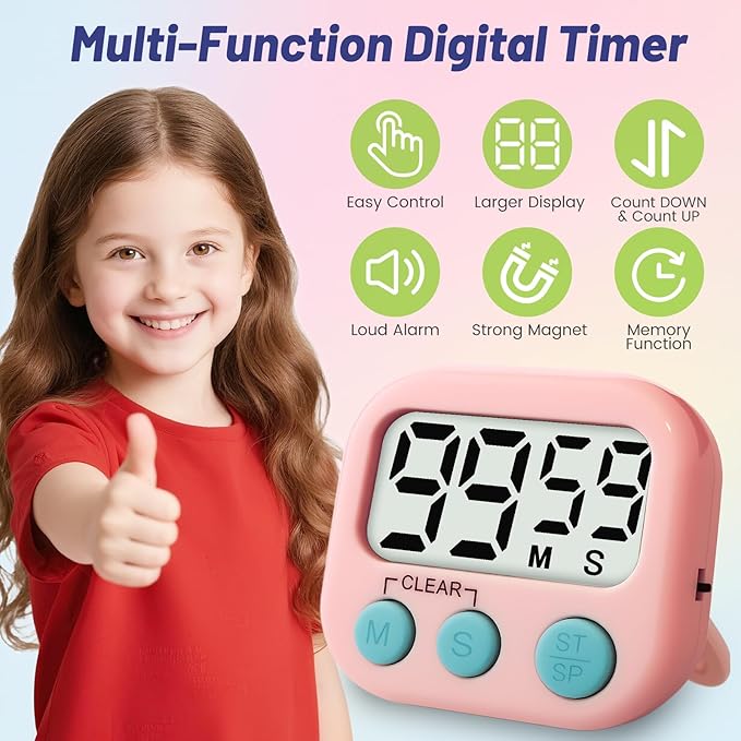 Glochin 2 Pcs Digital Timer for Kids, Magnetic Countdown Kitchen Timer, Upgrade Loud Alarm Timers for Cooking, Kitchen, Exercise, Work, Study, Classroom, Outdoor Activities, Battery not Including