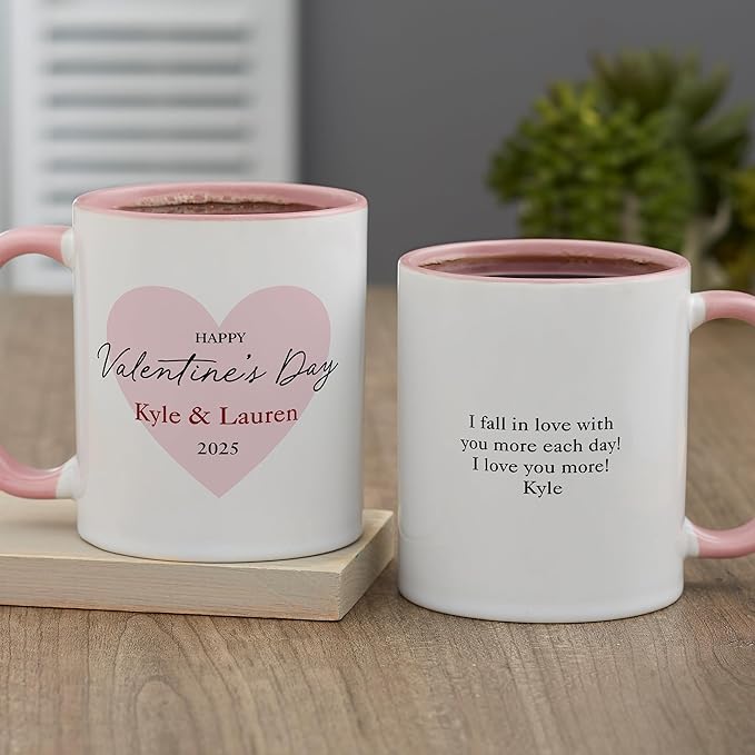 Personalization Universe Our First Valentine's Day Personalized Coffee Mug - 11 oz Ceramic - Customizable Text & Names - Ideal Valentines Day Gifts for Him - Microwave/dishwasher Safe - Pink