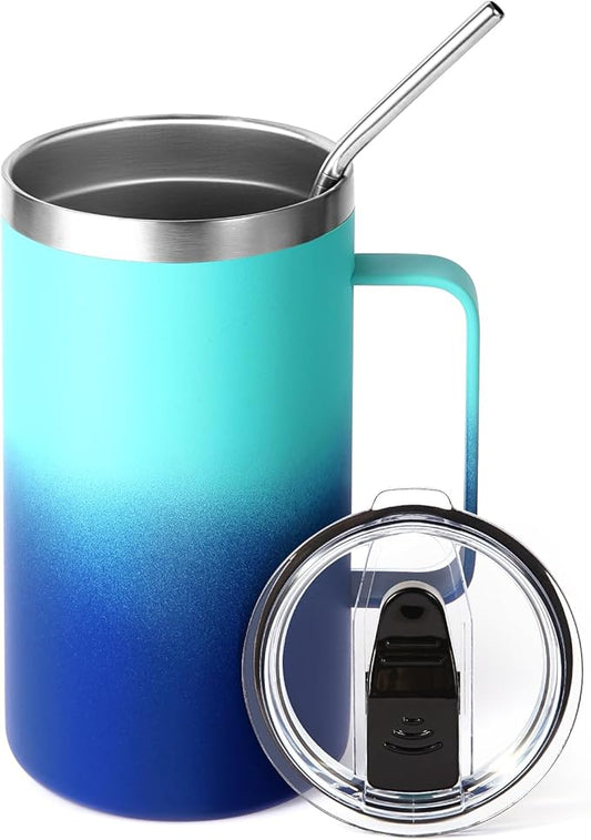 Volhoply 24oz Insulated Coffee Mug with Lid and Straw, Stainless Steel Travel Mugs with Handle, Double Wall Vacuum Leak Proof Coffee Tumbler Cup (Green Blue,1)