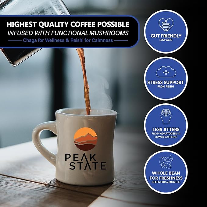 Peak State Coffee with Benefits - Mushroom Coffee Organic Beans - STRESS LESS Dark Roast Adaptogen with Reishi & Chaga - Mold Free, Mycotoxin Free,Vegan, Paleo, Dairy Free, Gluten-Free, Non-GMO (12 oz Bag, Whole Bean - $1.13/cup)