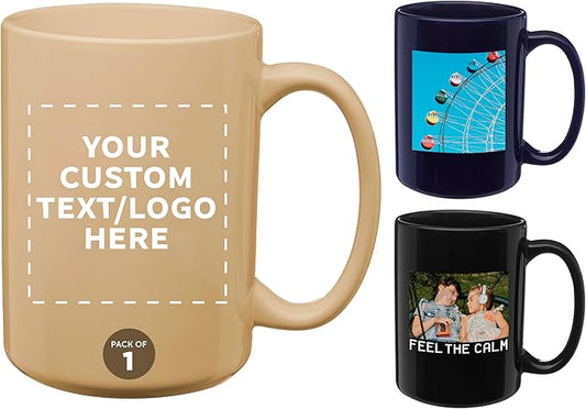 DISCOUNT PROMOS Custom Large Ceramic Coffee Mugs 15 oz. Set of 1, Personalized Bulk Pack - Perfect for Coffee, Tea, Espresso, Hot Cocoa, Other Beverages - Almond
