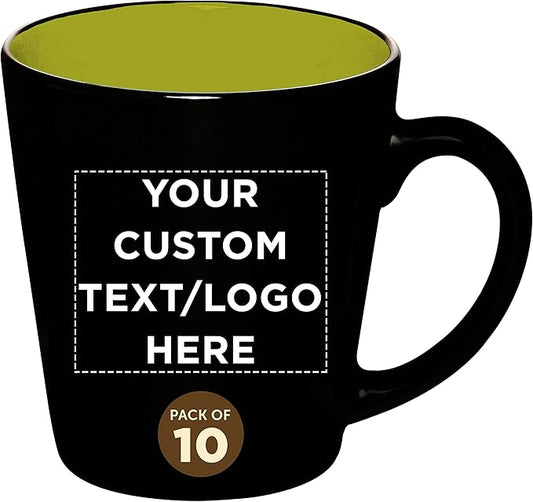 Custom Ceramic Coffee Latte Mugs 12 oz. Set of 10, Personalized Bulk Pack - Perfect for Coffee, Tea, Espresso, Hot Cocoa, Other Beverages - Lime Green