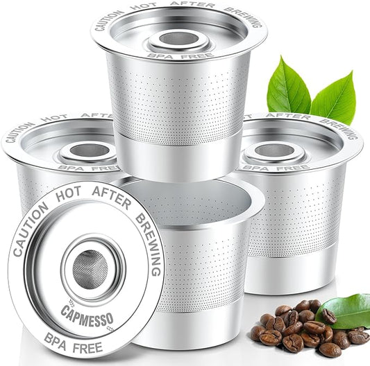 CAPMESSO Reusable K Cups Coffee Pods for Keurig 1.0: Stainless Steel Refillable K Cup - Reusable Coffee Filter for Keurig 1.0 Coffee Maker, Permanent, Eco-Friendly, Innovative Design(4 Pack)