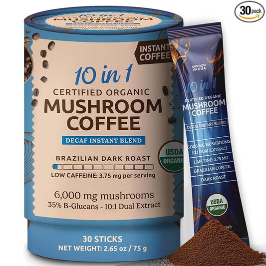 10-in-1 USDA Certified Organic Decaf Mushroom Coffee, Instant Mushroom Coffee Decaf, Brazilian Dark Roast for Better Energy, Focus, Gut Health, 30 Sticks - ShroomDNA