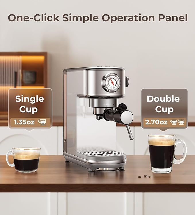 Espresso Machine with Milk Frother, 20 Bar Pressure Espresso Maker, Automatic & Manual, Compact Stainless Steel Coffee Machine for Cappuccino, Latte, Gift for Coffee Lover, Dad or Mom, Silver
