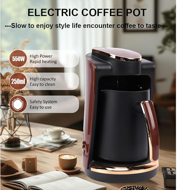 Zunate Electric Turkish Greek Coffee Maker 550W, 250ML Single Cup Machine with Included Cup & Spoon for Home, Office, Travel Brewing