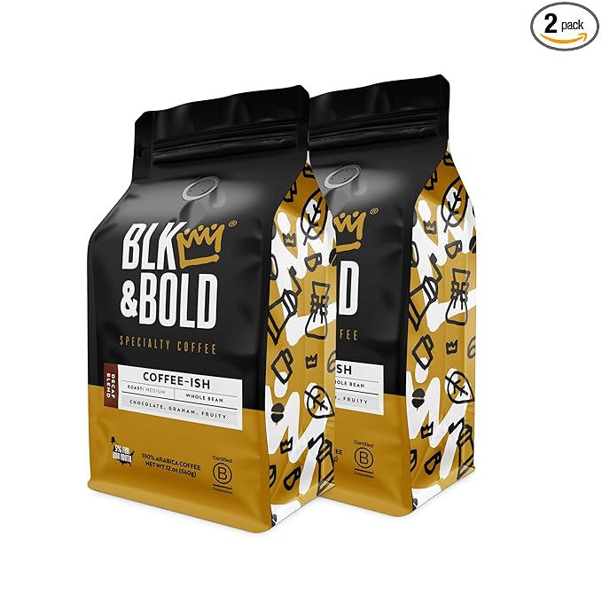 BLK & Bold Coffee-ish DECAF Whole Bean Coffee, Premium Medium Roast, 100% Arabica Beans, 12 oz Bag (2 Pack)