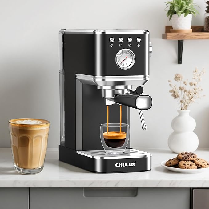 CHULUX Slim 2026 Upgrade Espresso Machine with Milk Frother Steam Wand, 20 Bar Professional Italian Pump Espresso Coffee Machine for Home Cappuccino & Latte Maker, Stainless Steel, Black