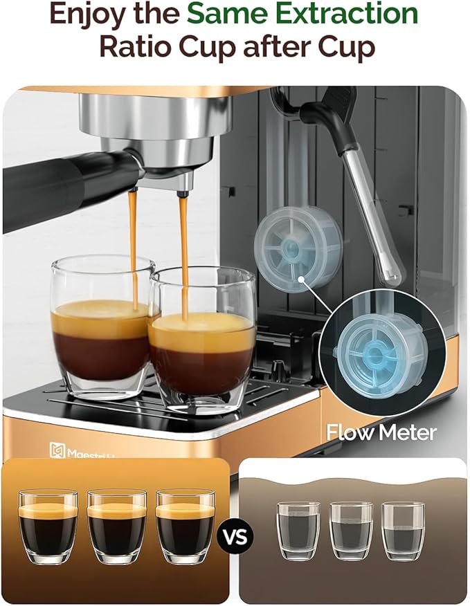 Maestri House Espresso Machines 20 Bar ULKA Pump, Compact Espresso Maker Built-in Flow Meter Steam Milk Frother, 43oz Removable Water Tank Stainless Steel Coffee Machine for Cappuccino (Rose Golden)