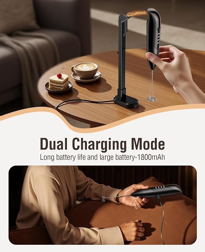 Electric Milk Frother Handheld: Rechargeable 3 in 1 - LED Digital Display with 3 Speeds Portable Stainless Steel Drink Foam Mixer for Milk Coffee, Lattes, Cappuccino, Matcha - Charcoal Black