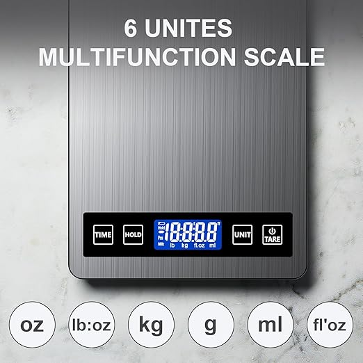 GRAM PRES Food Scale Rechargeable, 22lb Digital Kitchen Scale Weight Grams and oz with Timer & Hold Function for Cooking Baking, 1g/0.1oz Precise Graduation, Stainless Steel and Tempered Glass