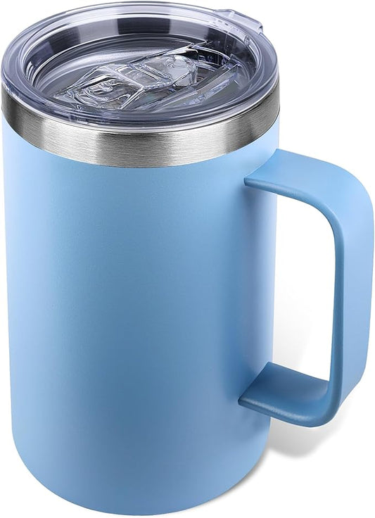 Zynkify 22oz Insulated Coffee Mug with Handle & Leak-Proof Lid - Double Wall Stainless Steel Travel Tumbler for Commute/Office/Home, Blue, 1 Pack
