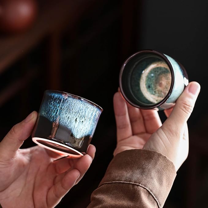 Espresso Cups Set of 6, Demitasse Cups 2.5 Ounces Coffee Mugs, Ceramic Teacups Japanese Tea Cups, Chinese Tea Cups (magic blue interior&exterior)