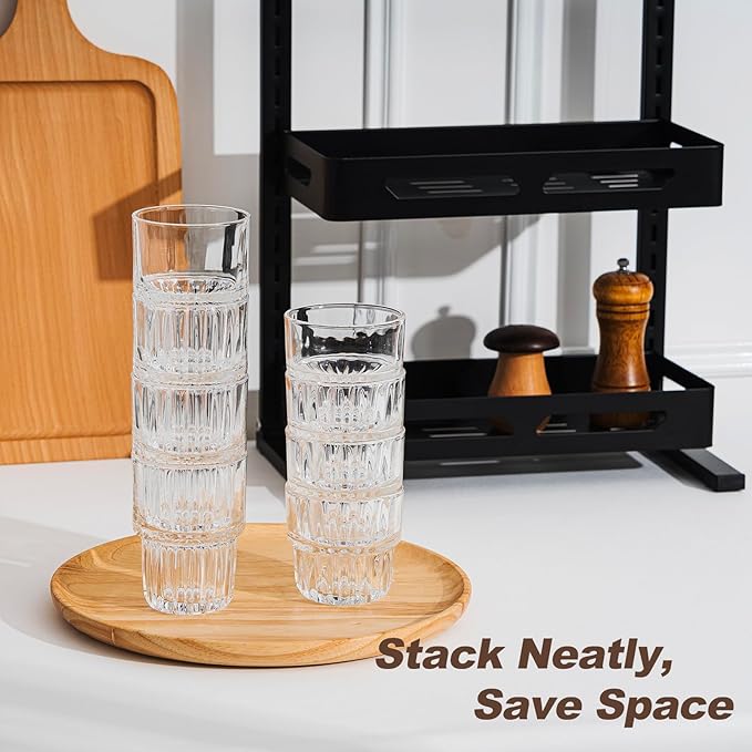 11oz Drinking Glasses Set of 4, Juice Glasses Stackable Tall Glass Mugs for Tea Iced latte Coffee Glass, Beer Glasses, Cocktail Glasses,Water glasses for bar, restaurant