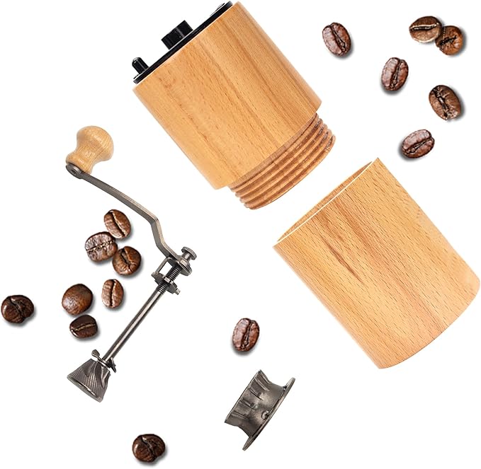 Manual Coffee Grinder, Wooden Hand Coffee Mill with Adjustable Burr, Natural Beech Wood, 5.93x2.68 Inch