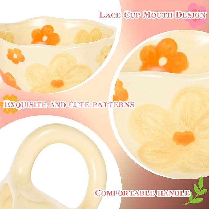 MAKCNMYM Ceramic Coffee Mug Vintage Flower Mugs 8 oz Cute Floral Coffee Mugs Irregular Latte Art Cup Lead-free Porcelain Cups for Cappuccino, Cocoa (Orange Flowers)