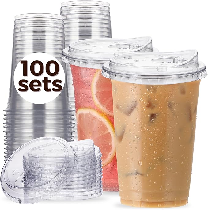 100 Pack 20 oz Clear Plastic Cups with Strawless-Sip-Lids, Disposable Cups Plastic Iced Coffee Cups, To Go Cups with Sip Through Lids for Smoothie, Milkshake, Cold Drinks for Party, Wedding, Event