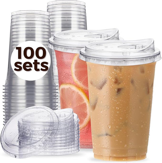 100 Pack 20 oz Clear Plastic Cups with Strawless-Sip-Lids, Disposable Cups Plastic Iced Coffee Cups, To Go Cups with Sip Through Lids for Smoothie, Milkshake, Cold Drinks for Party, Wedding, Event