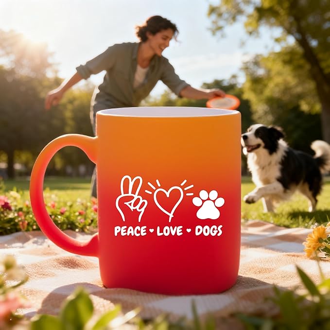 G MUGS Dog Lover Coffee Mug - Gift for Women Men,13oz Ceramic Tea Mug with Peace Love Dogs Design, Cute Paw Print & Heart Mug for Dog Owners Yellow And Pink Mug