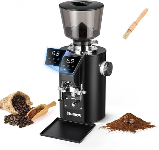 Huanyu Commercial Coffee Grinder - Touchscreen Control, 8 Grind Settings, 64mm Flat Burr, Dual Dosing Modes for Coffee Shops