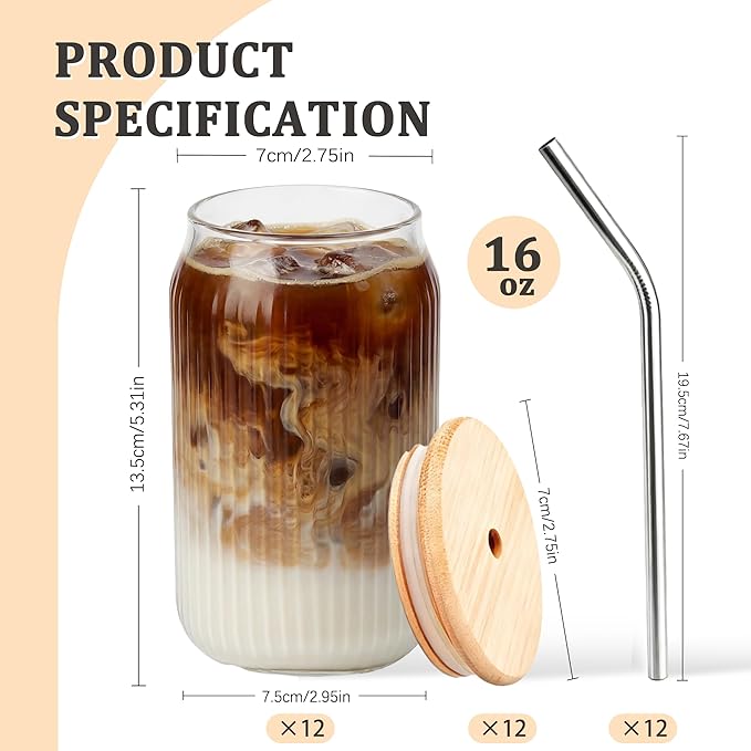 12 Packs Ribbed Glass Tumbler with Lid and Straw 16 oz Cute Ice Coffee Cup Set Bulk Vasos de Vidrio Con Tazas Para Cafe Cocina Accesorios Home Bar Accessories New Home House Warming Gift Kitchen Stuff