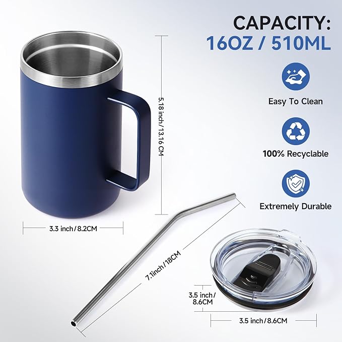 Volhoply 16oz Insulated Coffee Mug with Lid and Straw, Stainless Steel Travel Mugs with Handle, Double Wall Vacuum Leak Proof Coffee Tumbler Cup (Navy,2)