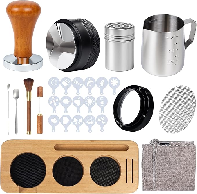 28PCS Espresso Accessories Kit,58mm Espresso Tamper Tools,Includes Wood Station,Distributor,Stirrer,Dosing Funnel,Brush,Puck Screen,Frothing Pitcher,Latte Pen,Powder Ring,Towel,Decorative Stencils