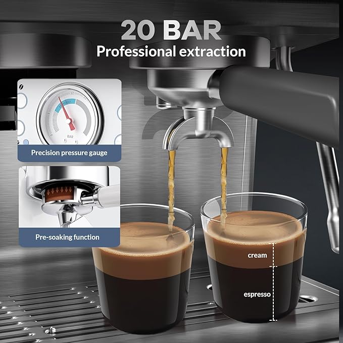 Espresso Machine with Grinder, 20 Bar Semi-Automatic Coffee Maker with Milk Frother Steam Wand, PID Temperature Control, 95 OZ Water Tank, for Cappuccino, Latte, Macchiato, Home Barista, Light Gray