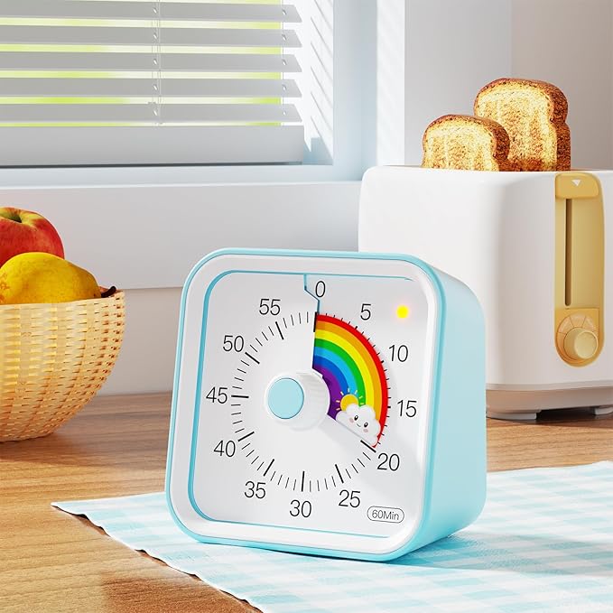 InfPokid Visual Timer for Kids with Pause Function, Cute Silent Timer with Rainbow for Classroom, Teaching, Task, Kitchen, 60 Minute Countdown Time Management for ADHD (Rainbow Blue)