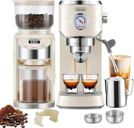 Gevi 20 Bar Espresso Coffee Machine with Burr Grinder Set | 35 Precise Grind Settings | Milk Frother for Latte Cappuccino | Professional Home Barista Kit | Gift for Coffee Lovers