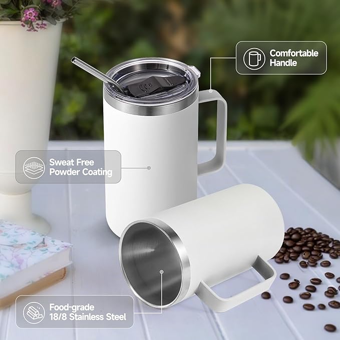 Volhoply 24oz Insulated Coffee Mug with Lid and Straw, Stainless Steel Travel Mugs with Handle, Double Wall Vacuum Leak Proof Coffee Tumbler Cup (White,1)